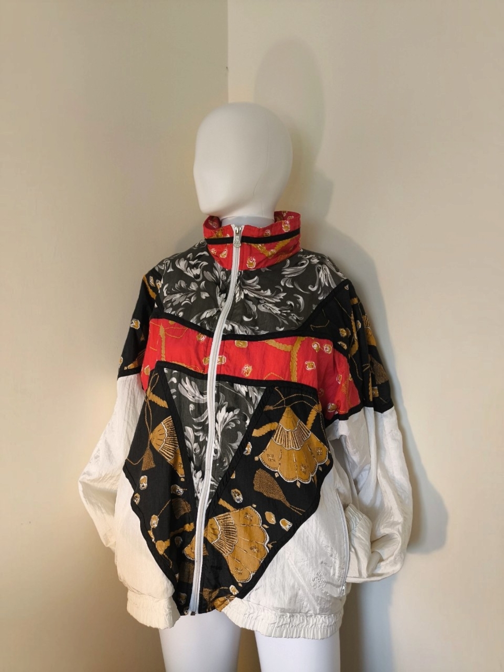 jcpenney Red Black White Gold Patterned Colorblock Bomber Jacket